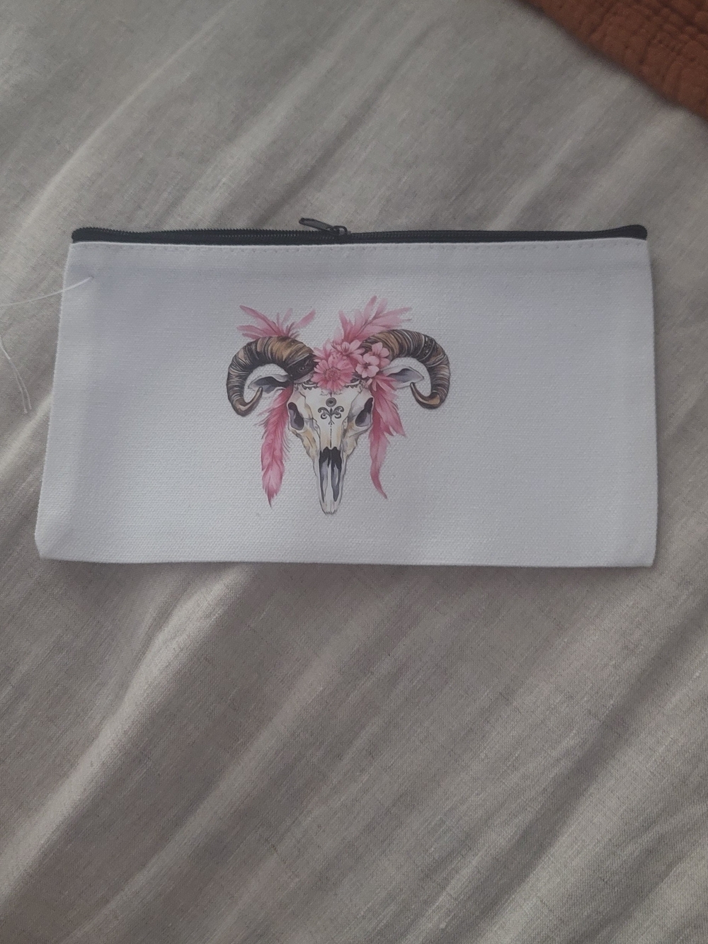 White Zip  Money Pouch with Floral Ram Skull Design - Women's Accessory
